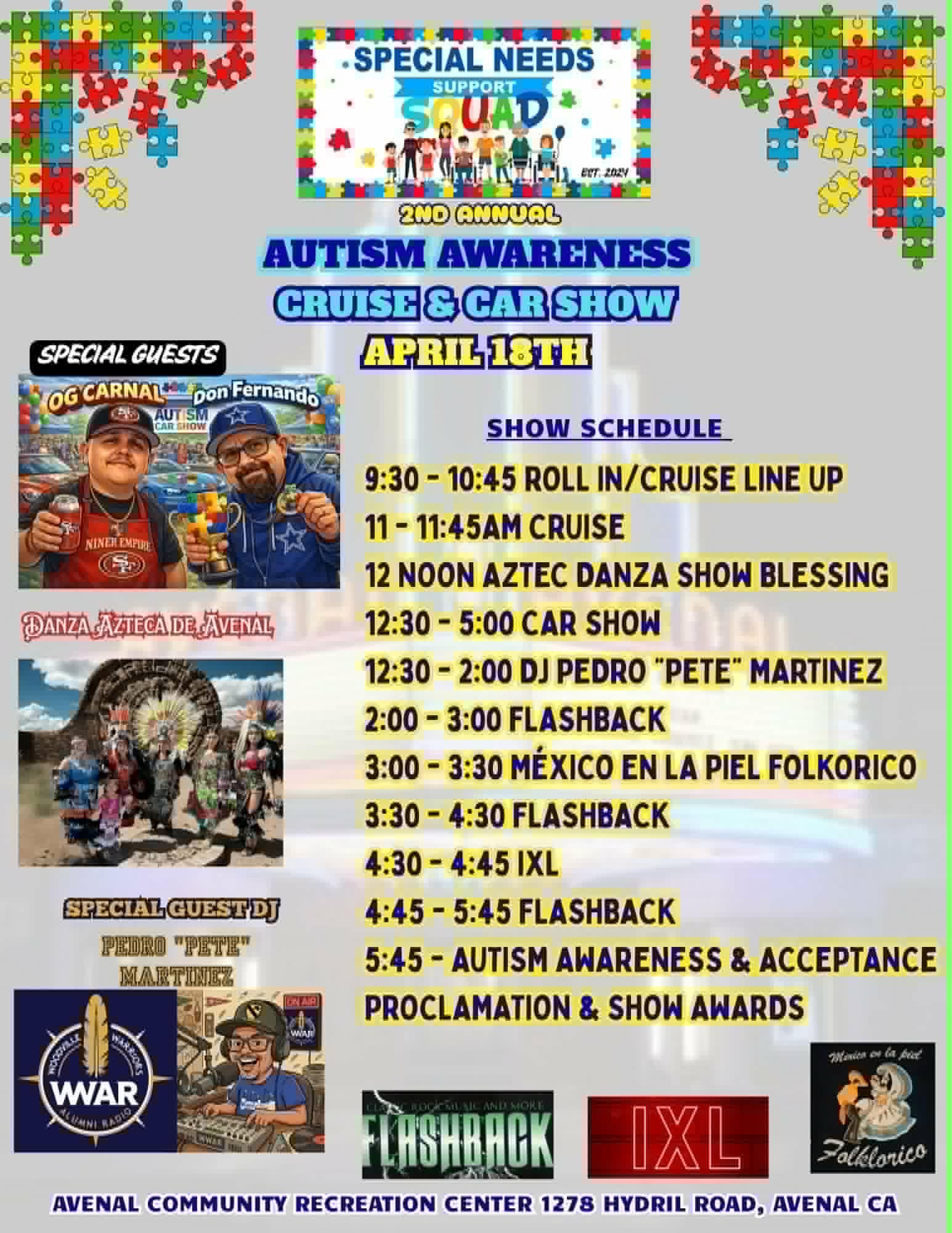 Show Schedule - OG Carnal and Don Fernando, Danza Azteca, DJ Pedro Pete Martinez, Flashback, IXL, Mexico en la Piel Folklorico